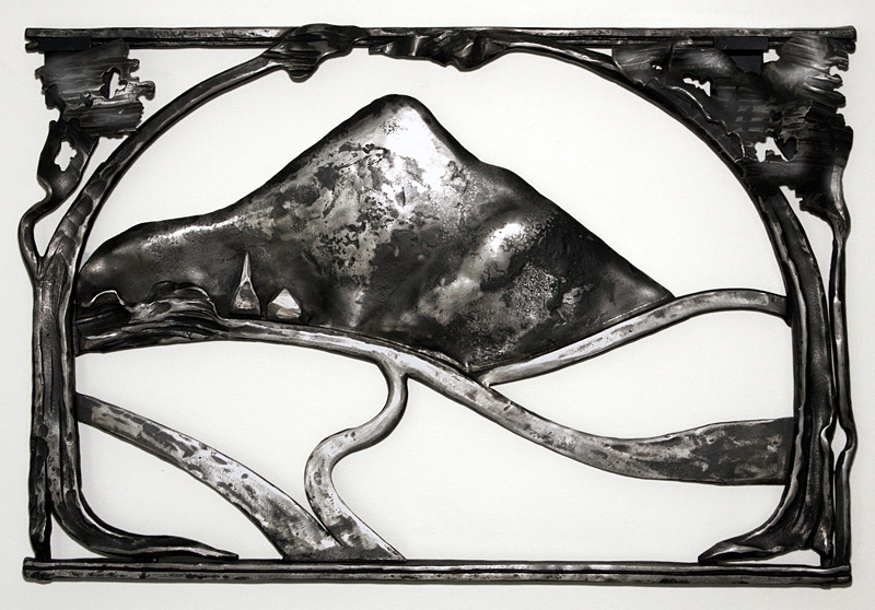 'Road Taken Wall Relief Sculpture: Wall art designed for the residence of the US EMBASSY in Port of Spain, Trinidad for the US Department of State's Art in the Embassies Program'. By Dimitri Gerakaris. Hand-forged Iron. 1999